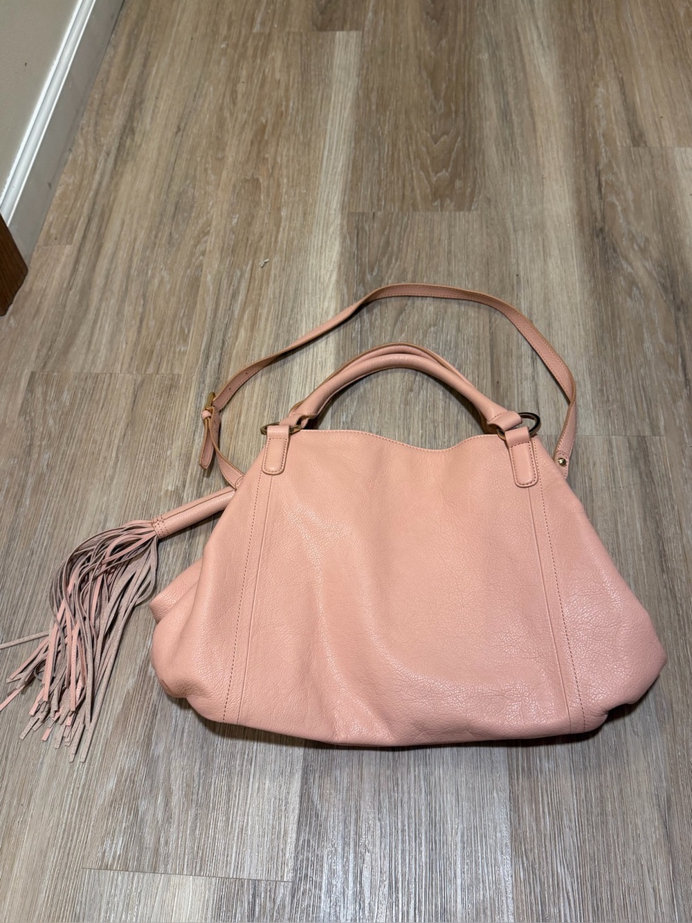 G.I.L.I Pebble Leather Tassel Convertible Hobo Bag Dust Pink/Blush - Picture 5 of 16